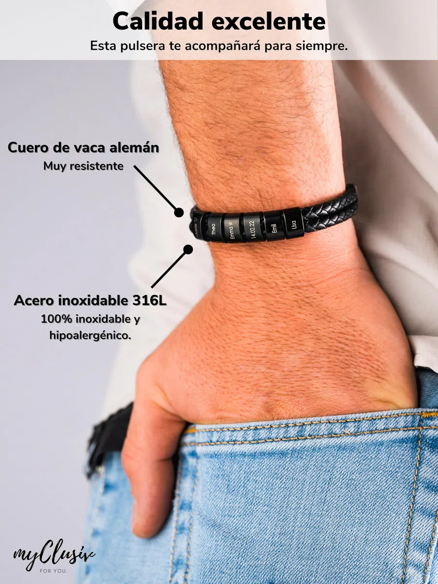 Pulsera personalizada de cuero negro para hombre con nombre - Pulsera con grabado - Regalo para hombre - Regalo papá