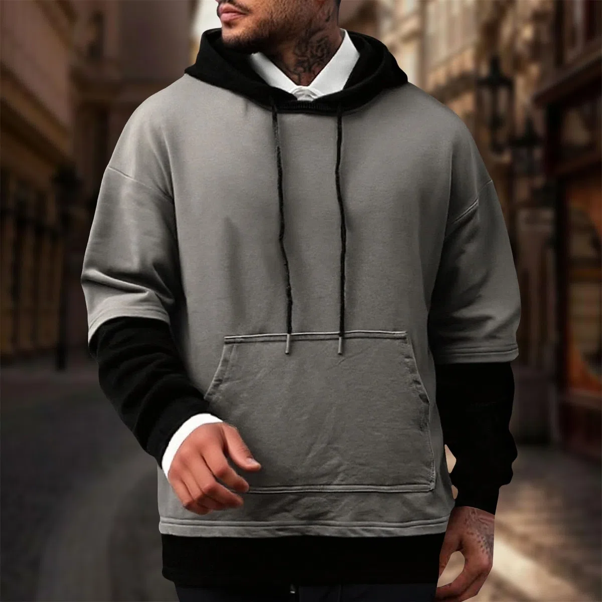 Sudaderas con Capucha Corta Sudadera Oversize Estilo Patchwork para Hombre, Nueva Otoño Juveniles (Grey, XXXXL) Kit De Pesca Completo Gimnasio Hombre Camisas Manga Larga Pijama Parejas