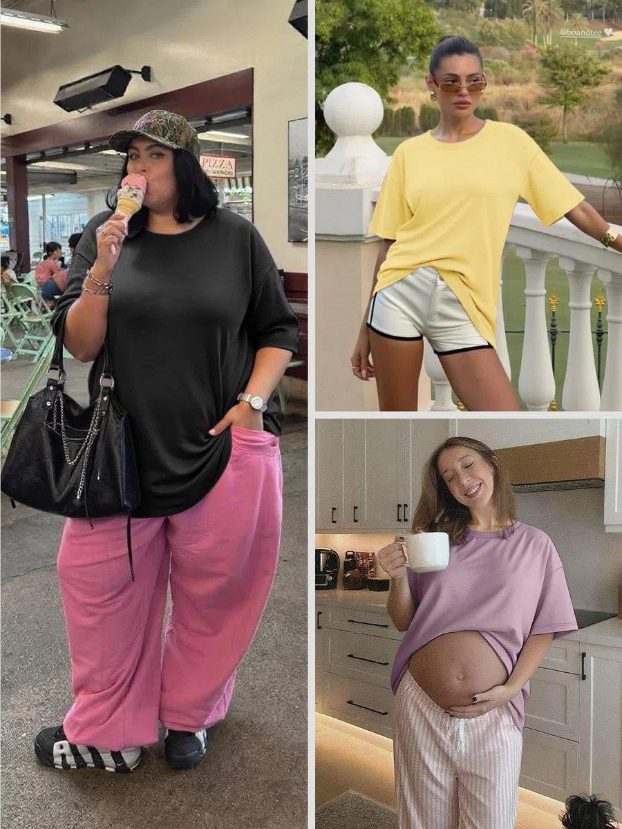 ATHMILE Camisetas de gran tamaño para mujer, ajuste holgado, cuello redondo, manga corta, blusa casual de verano Y2K 2025, camiseta básica de playa