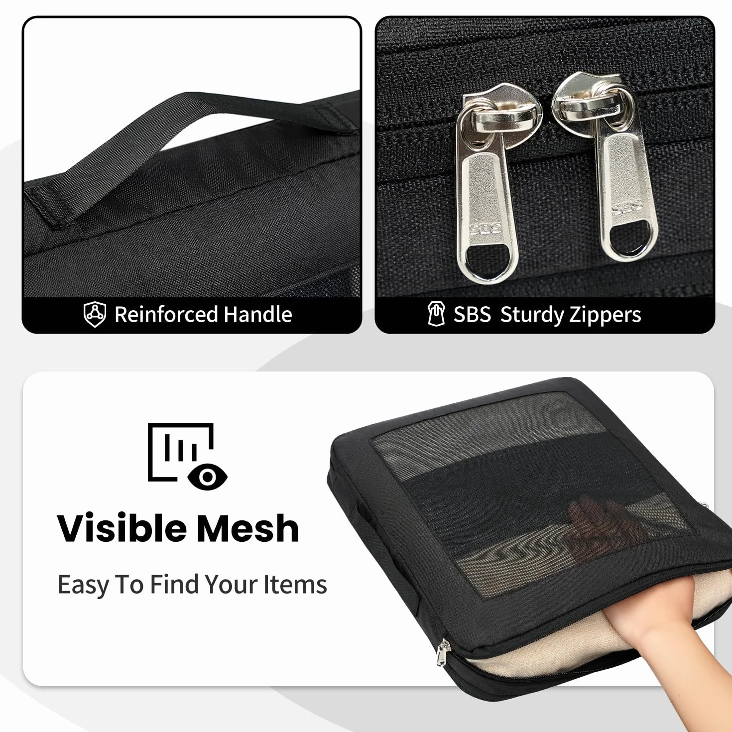 Set de 8 cubos de almacenamiento con compresión extra fuerte, bolsas espaciosas de malla transpirable y nailon, aptas para guardar ropa y zapatos en casa o de viaje, Negro