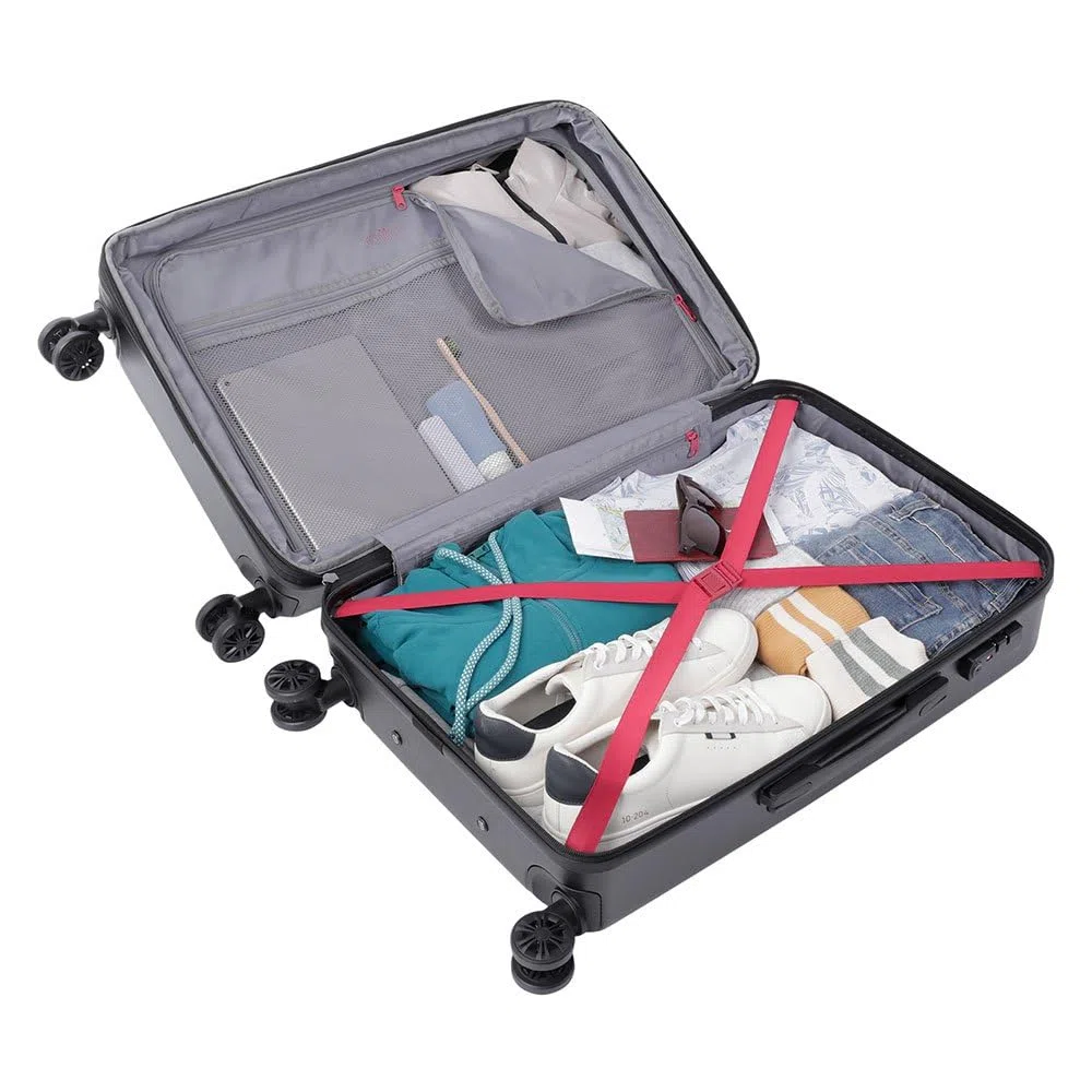 TOTTO - Maleta Rígida Mediana, Modelo Bazy+, 43.5 x 69 x 26 cm, Capacidad 64 L, Expandible, Alta Resistencia a Impactos, Ruedas 360º, Manija Telescópica, Correas Internas, Candado TSA, Color Negro
