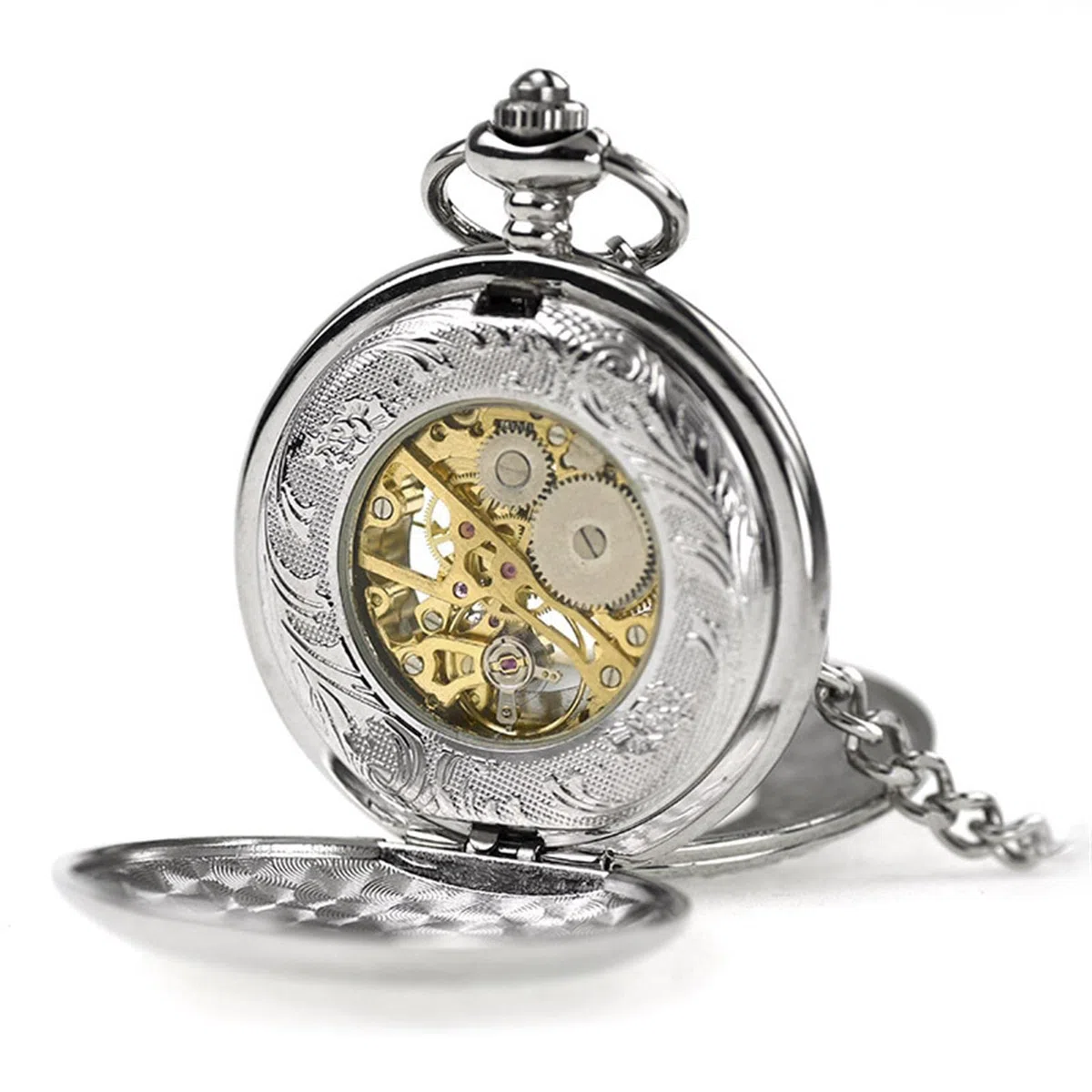 Relojes de Bolsillo, Relojes de Bolsillo mecánicos con números Romanos, Esfera 96, Esqueleto, Doble Cubierta Abierta, Cadenas, Regalos cumpleaños y graduación