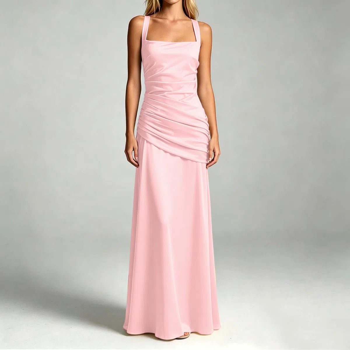 Vestido de dama de honor con tirantes delgados, plisado, línea A, vestido de noche, escote cuadrado, espalda descubierta, boda, baile de graduación