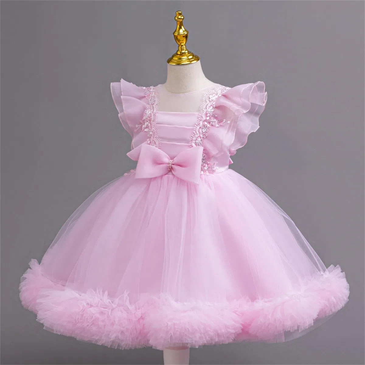 Vestido de princesa para niñas, con lazo de tul, para fiesta de cumpleaños, formal, vestido de graduación, boda, dama de honor, concurso, manga con volantes, lindos vestidos