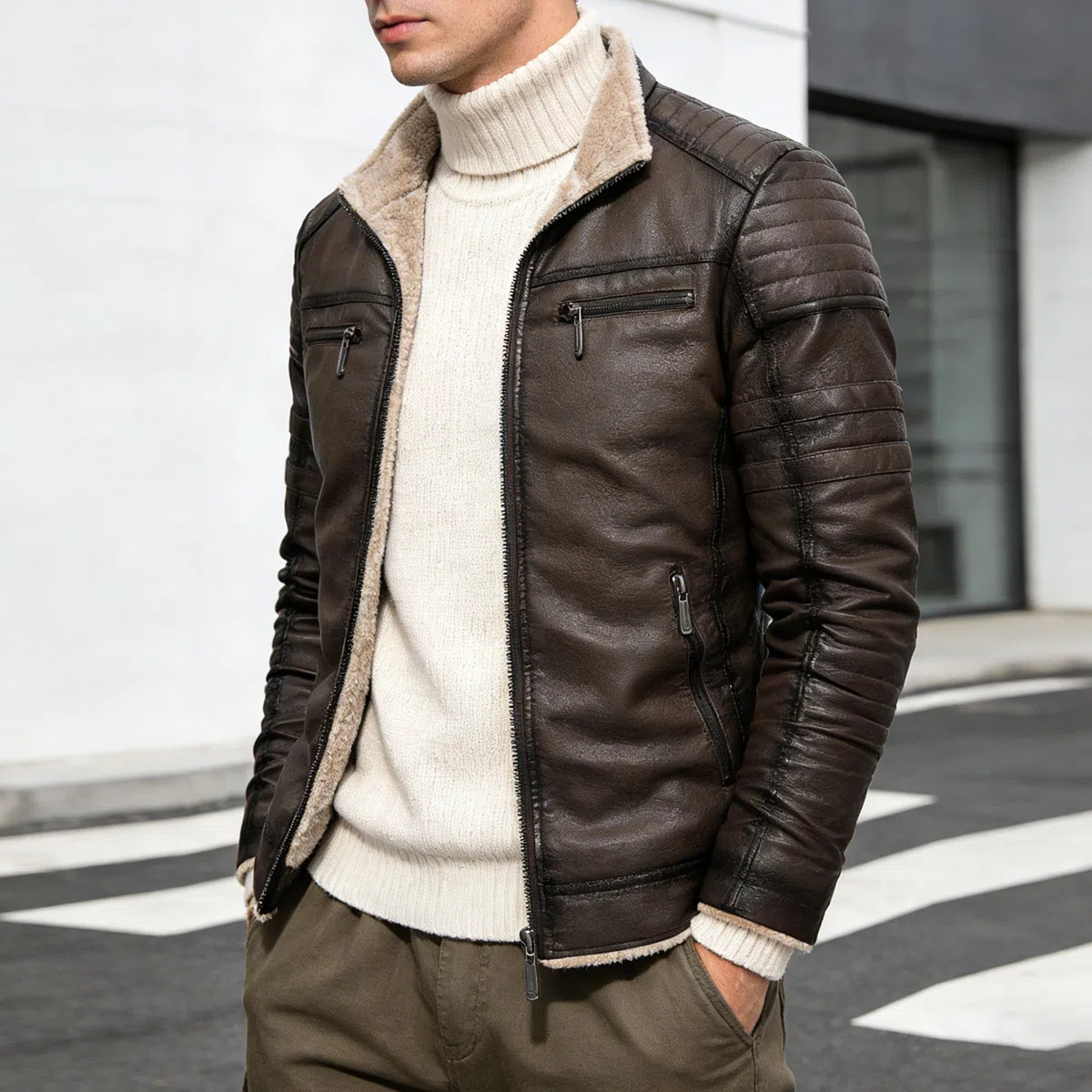 Chaqueta de motociclista de piel sintética para hombre, con cuello alto y forro polar, informal y cálida.