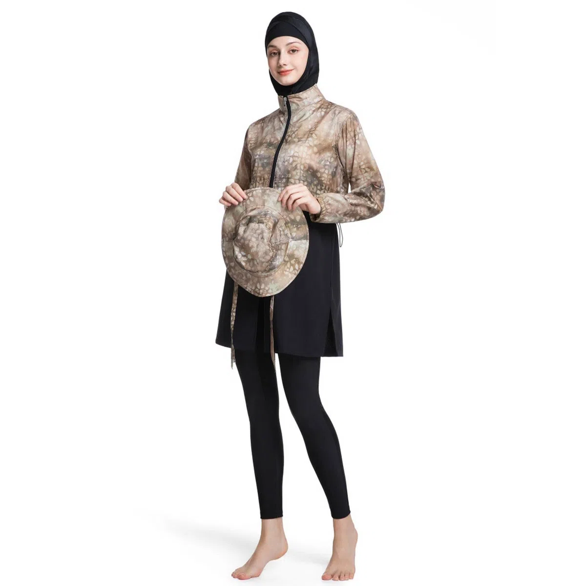 Conjunto de Traje de Baño de Manga Larga con Gorro para Mujer Solar Total Natación Surf Buceo Vacaciones Playa