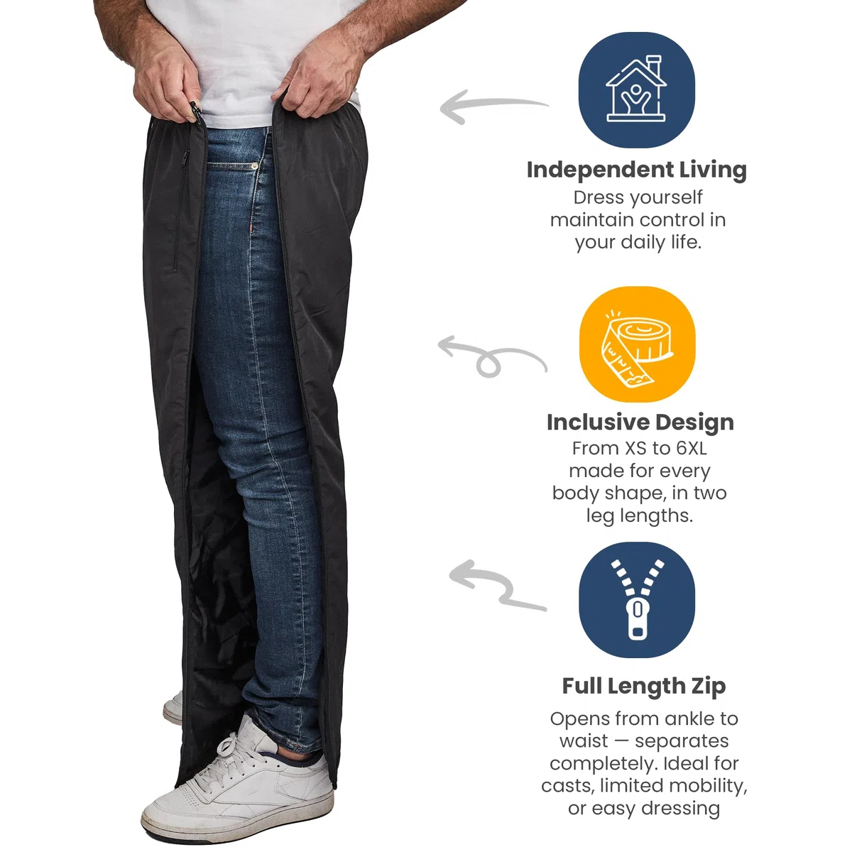 Dobsom Pantalones de rehabilitación para hombre y mujer, forrados, con apertura lateral, pantalones de deporte con cremallera completa, forrados, tallas XS a 6XL, unisex, Negro , XS