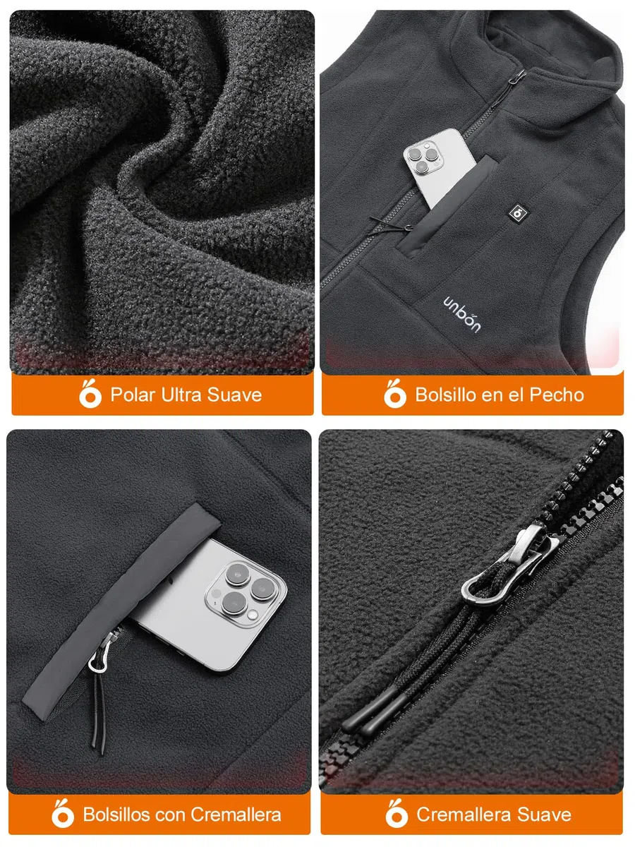UNBON Chaleco Calefactable Hombre con Batería USB 10000mAh, Chaleco Térmico Eléctrico Polar, Chalecos Calefactor Hombre con 3 Temperaturas 6 Zonas Calefactables para Moto Caza Trabajo, Gris, 3XL