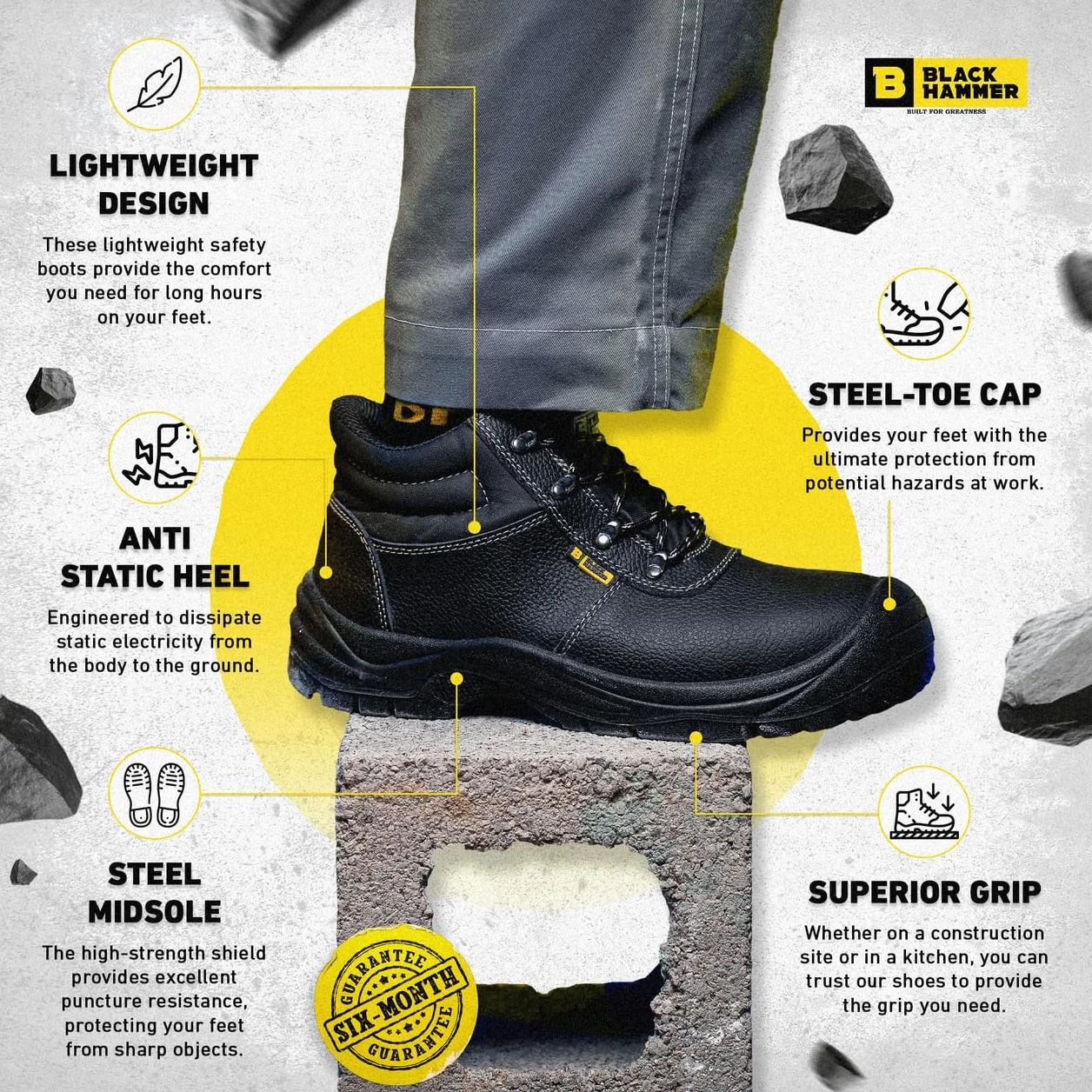 BLACK HAMMER Botas de seguridad para hombre Zapatos de trabajo de cuero con puntera de acero Calzado ligero S3 SRC 1400 Negro (41 EU)