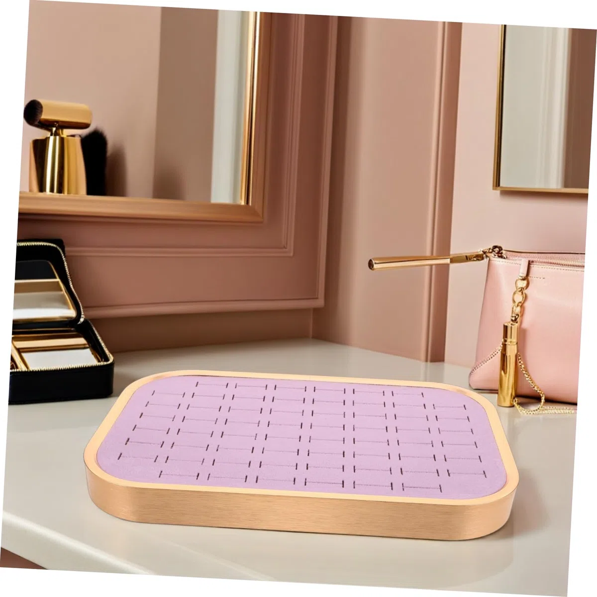 Mikikit Bandeja Organizadora de Joyas de Terciopelo Ranuras Apilables para Anillos y Colgantes Insertable Cajón para Tocador de Mujer Soporte Rectangular para Pendientes