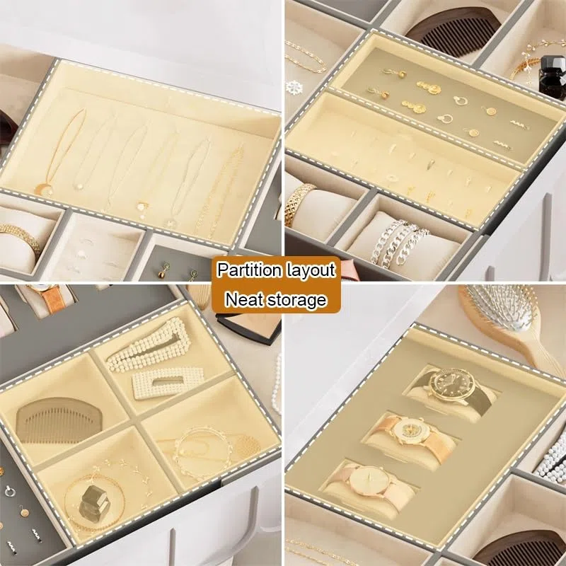 Bandeja organizadora de Joyas - Caja de Almacenamiento retráctil para Pendientes, Collares, Anillos, Relojes y Pulseras (Gris 50x36,2x6,5cm)