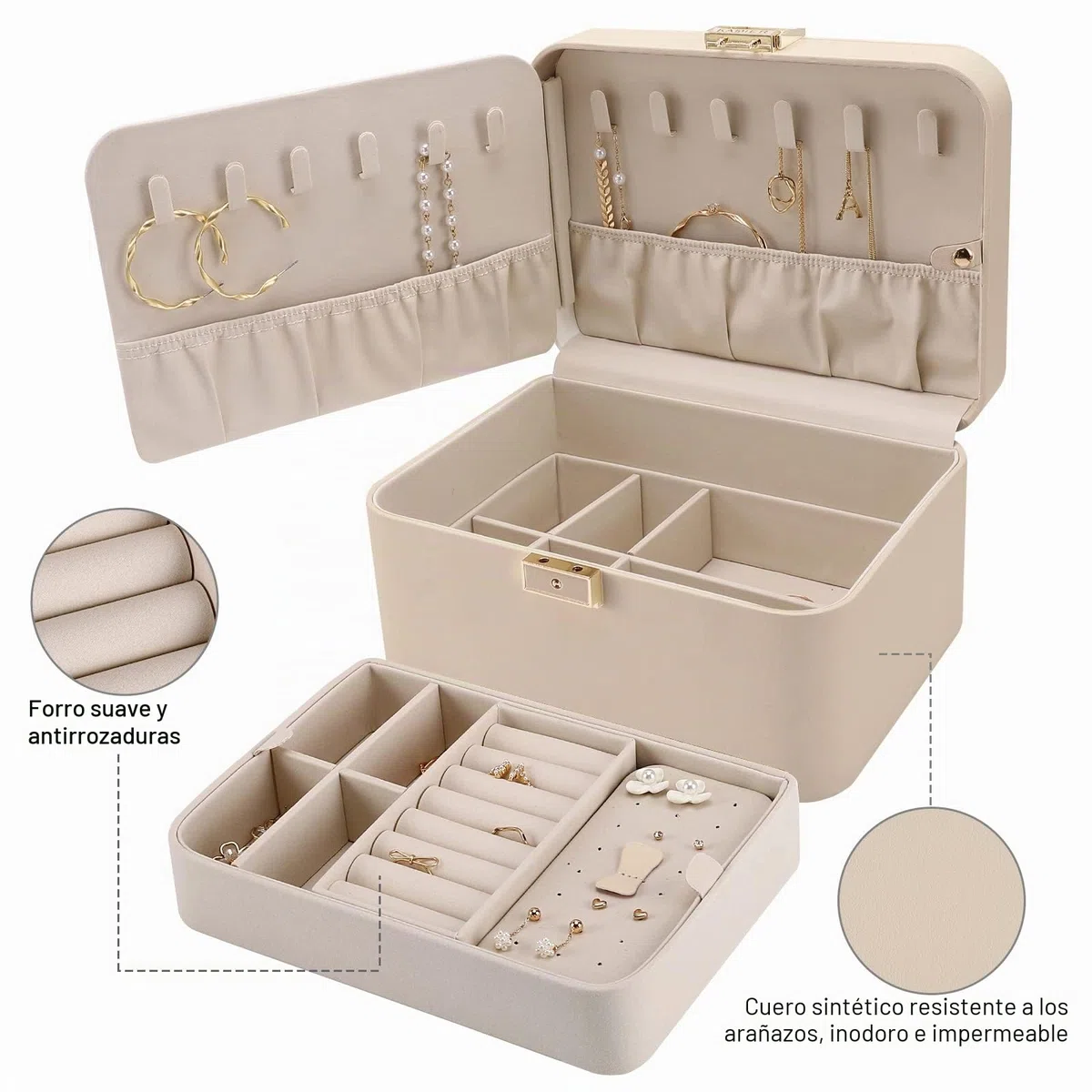 Joyero mejorado, organizador de joyas de piel sintética de 2 capas para mujer con cerradura y espejo, gancho oculto para collar y divisor extraíble, joyero de viaje de gran capacidad, ideal para