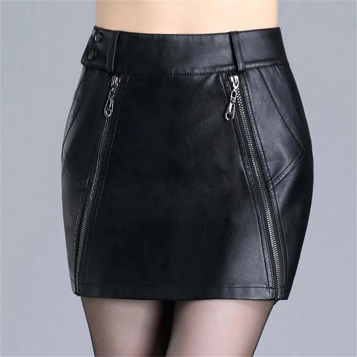 Falda de Cuero sintética Sexy para Mujer Minifalda Corta de Cintura Alta con Forma de Cadera Falda Corta con Cremallera para Fiesta y Club,Negro-Medio