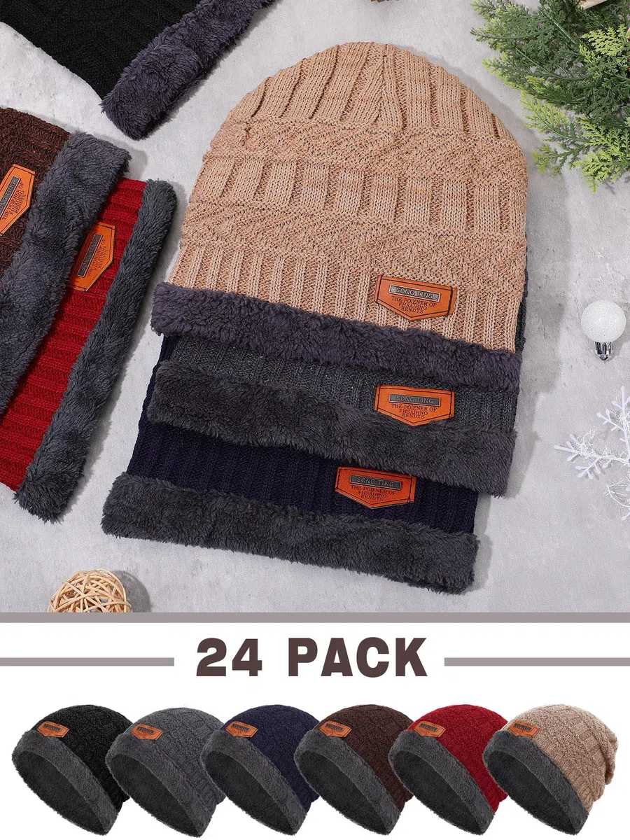 Kigeli 24 gorros de invierno holgados a granel para donaciones sin hogar, gorro cálido interior de forro polar para hombre, gorro de punto grueso al por mayor, Negro, azul marino, rojo, gris, café,