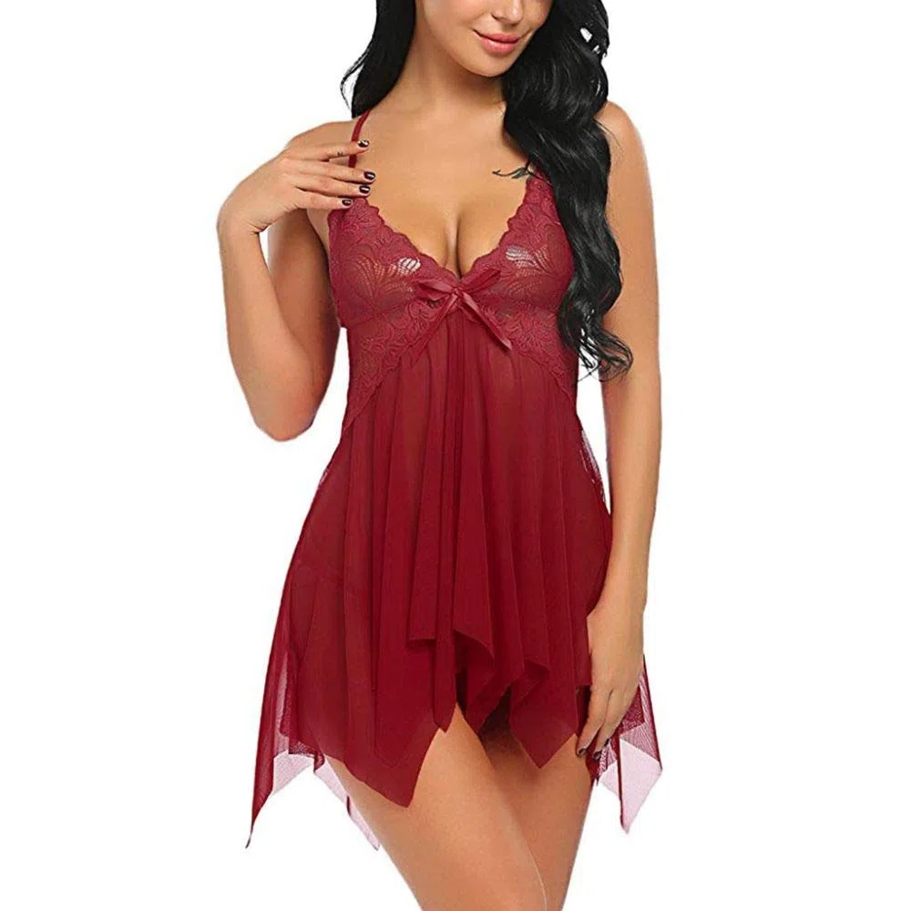Lencería de Encaje Abierta con Tanga, sin Espalda, Cuello en V, camisón de Malla Transparente, Ropa Interior, camisón de Dormir (Vino Rojo S) M