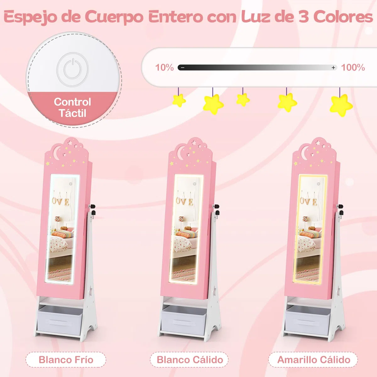 COSTWAY Armario para Joyas Infantil con Luces, Armario Joyero de Pie para Niñas con Espejo de Cuerpo Entero, 4 Luces con Sensor, Espejo Joyero para Princesas para Dormitorio Sala de Juegos (Rosa)