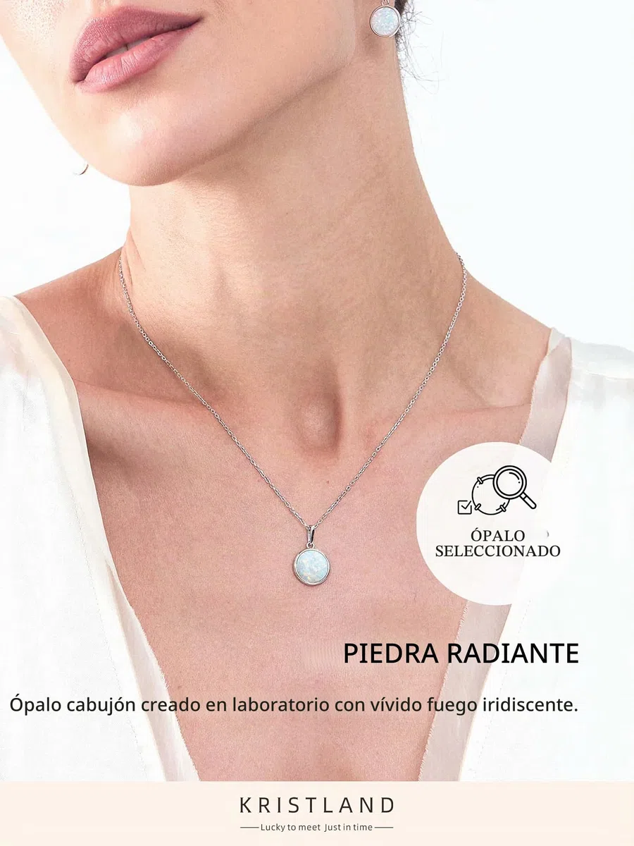 Collar de Ópalo Redondo S925 Chapado en Oro Blanco para Mujer Con Circona y Cadena Ajustable - Regalo de Cumpleaños