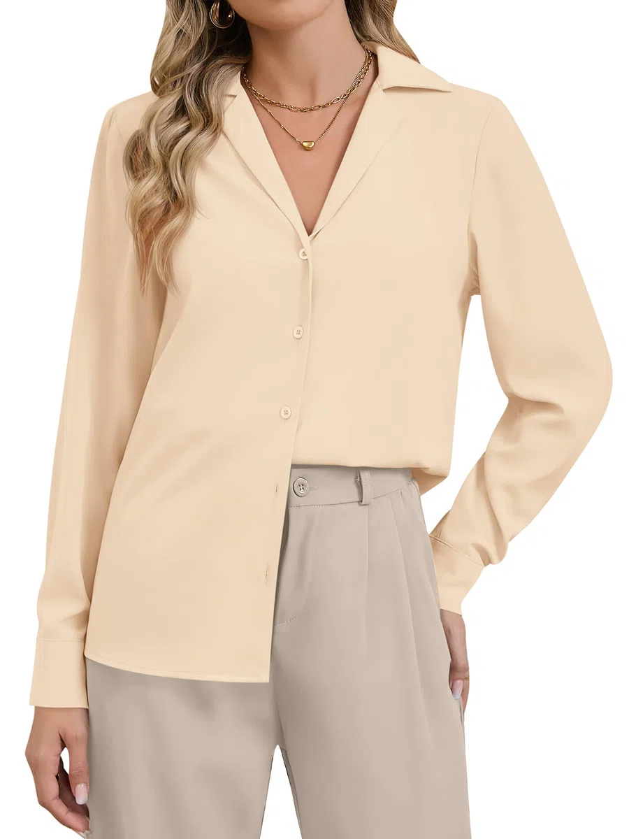 Blusa informal de negocios para mujer, elegante, de seda satinada, manga larga, con botones, cuello de solapa, cuello en V, blusas de trabajo de gasa