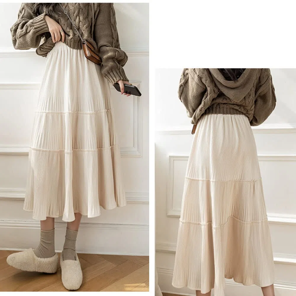 Faldas De Invierno para Mujer, Falda Fruncida De Albaricoque De Terciopelo Dorado Faldas Plisadas Elegantes para Mujer Cintura Elástica Falda Midi De Talle Alto(As Shown L)