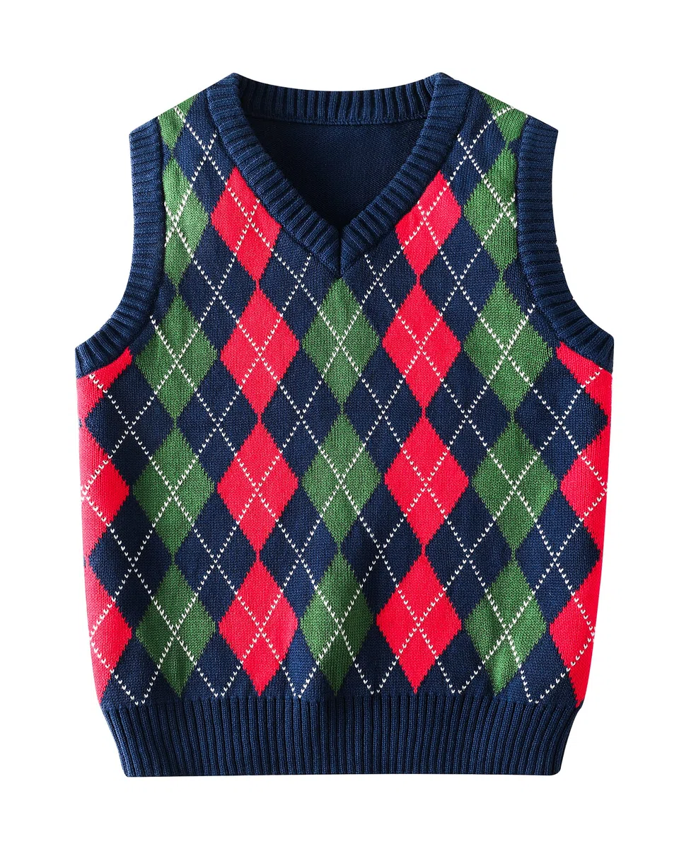 Chaleco de punto para niños, cuello en V, rombos, sin mangas, uniforme de punto, a cuadros, ropa para niños