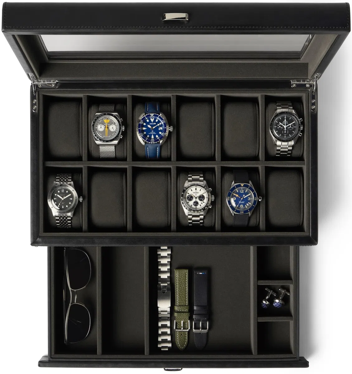 TAWBURY Caja de reloj de 12 ranuras con cajón de almacenamiento, caja de reloj de piel sintética negra de alta calidad para hombre, fácil apertura con una sola mano, interior de terciopelo de felpa