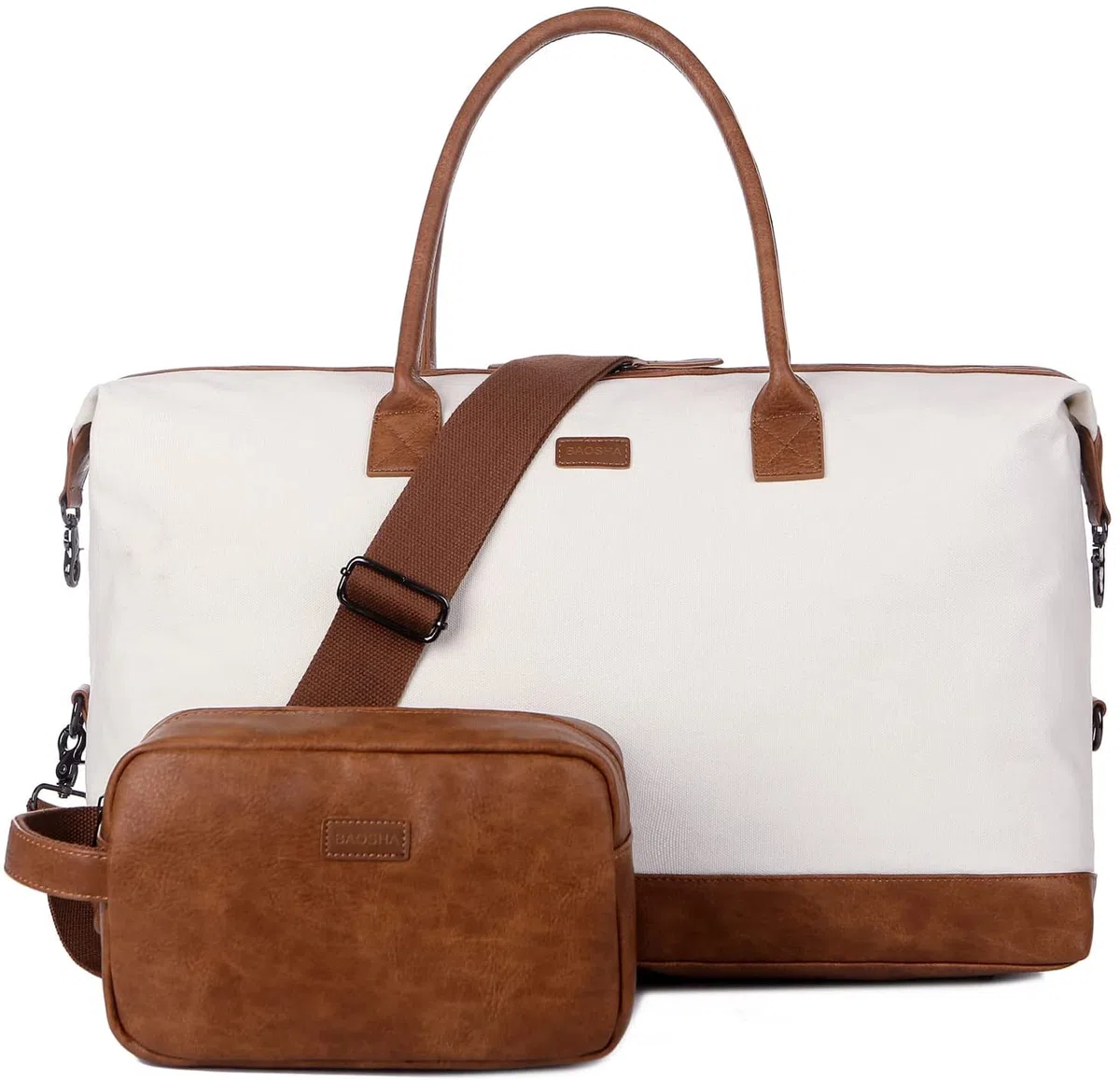 BAOSHA Bolsa de Lona para Mujer, Bolsa de Viaje Grande con Neceser HB-14, Beige/Blanco