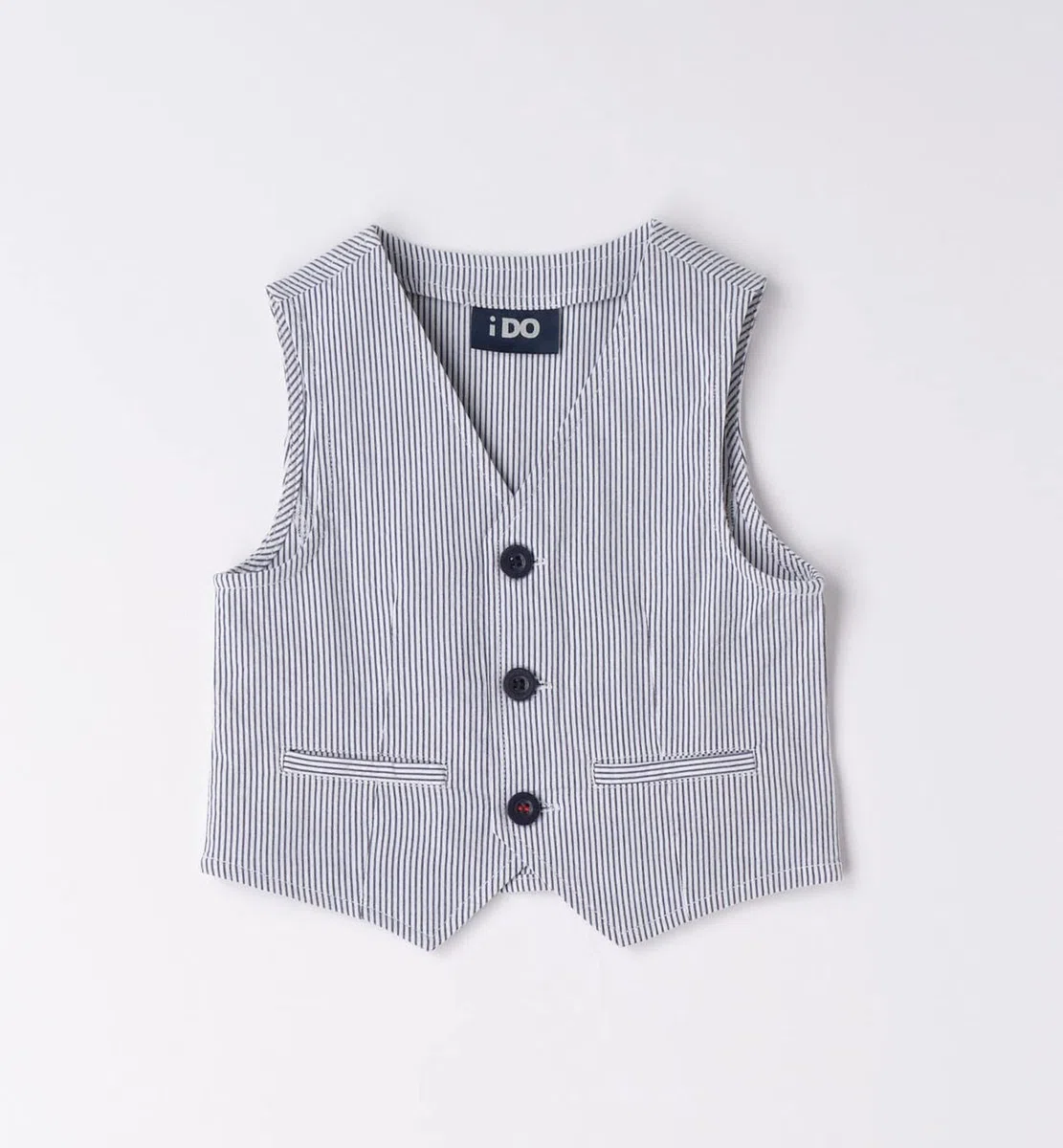 IDO Conjunto de bautizo ceremonia para recién nacido 12 meses - 74 cm con chaleco camisa y pantalón blanco a rayas azules, Color blanco., 12 meses