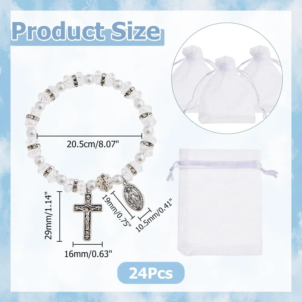Pulsera de rosario elástica con cuentas y bolsas de malla, para bautizo, comunión, pulseras católicas con crucifijo para mujer
