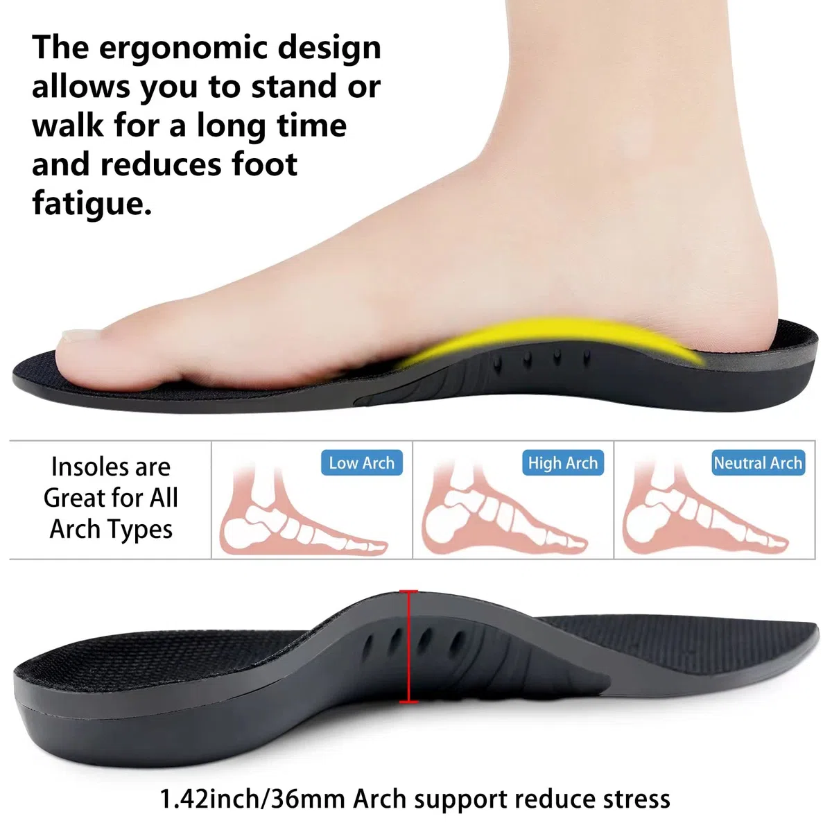Plantillas para aliviar la fascitis plantar (220 libras), plantillas de soporte de arco para pies planos, plantillas de botas de trabajo, inserciones de soporte de arco de espuma viscoelástica para