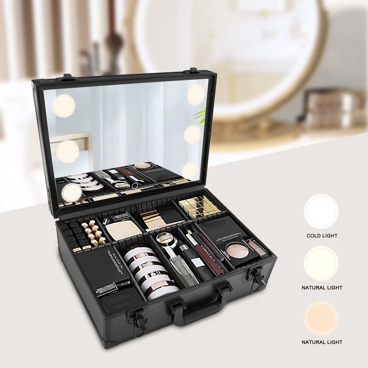 Neceser de cosméticos de 42 x 30 x 15 cm con espejo iluminado, brillo ajustable en 3 escenarios de color, bolsa de maquillaje, bolsa de maquillaje, maletín de viaje, maletín de maquillaje
