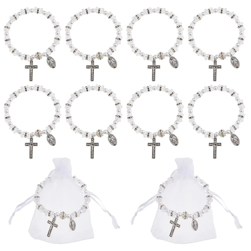 Pulsera de rosario elástica con cuentas y bolsas de malla, para bautizo, comunión, pulseras católicas con crucifijo para mujer
