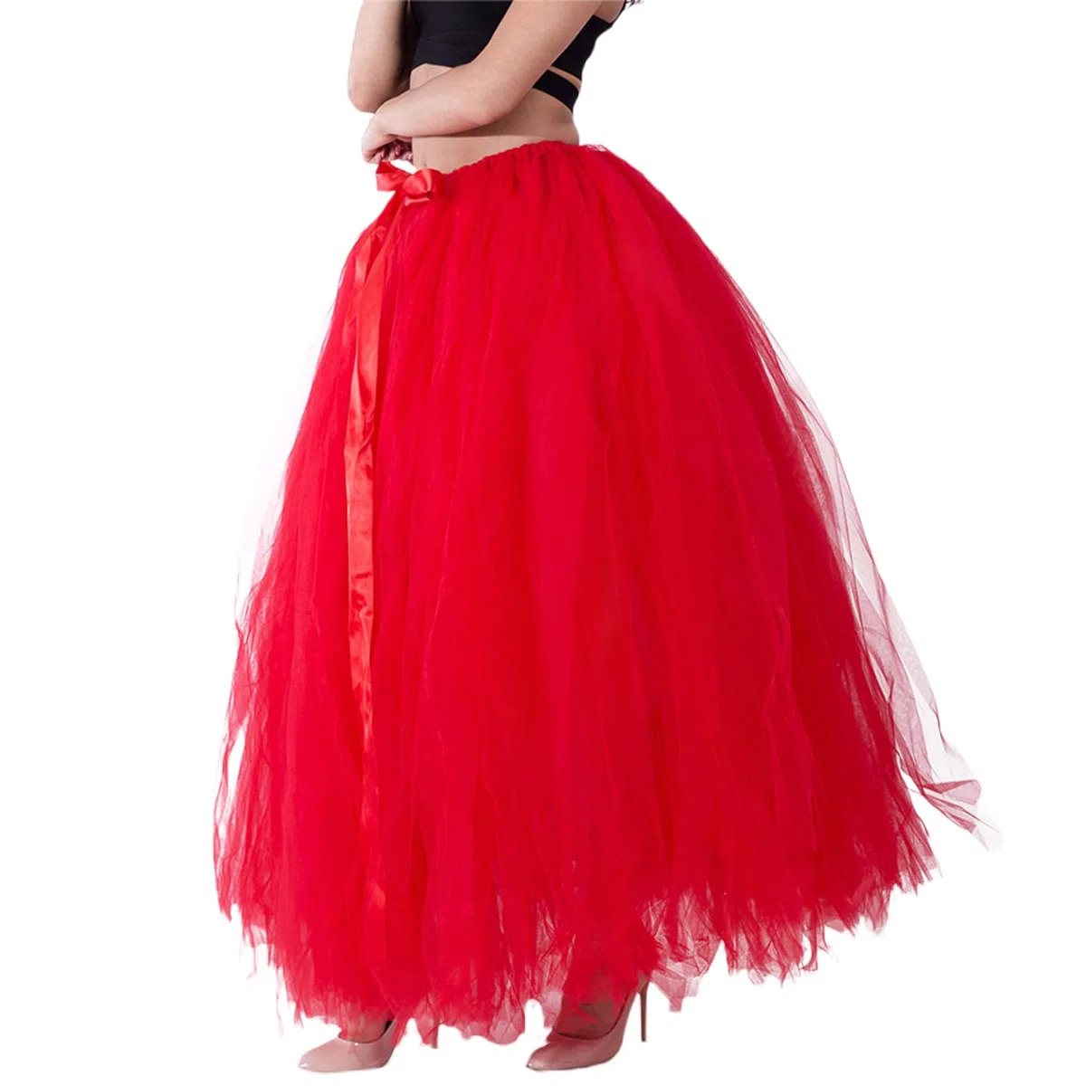 Falda larga tutú de cintura alta con capas de tul maxi faldas hinchadas hasta el suelo, boda, fiesta, con cinturón Bowknot, rosso, Talla única