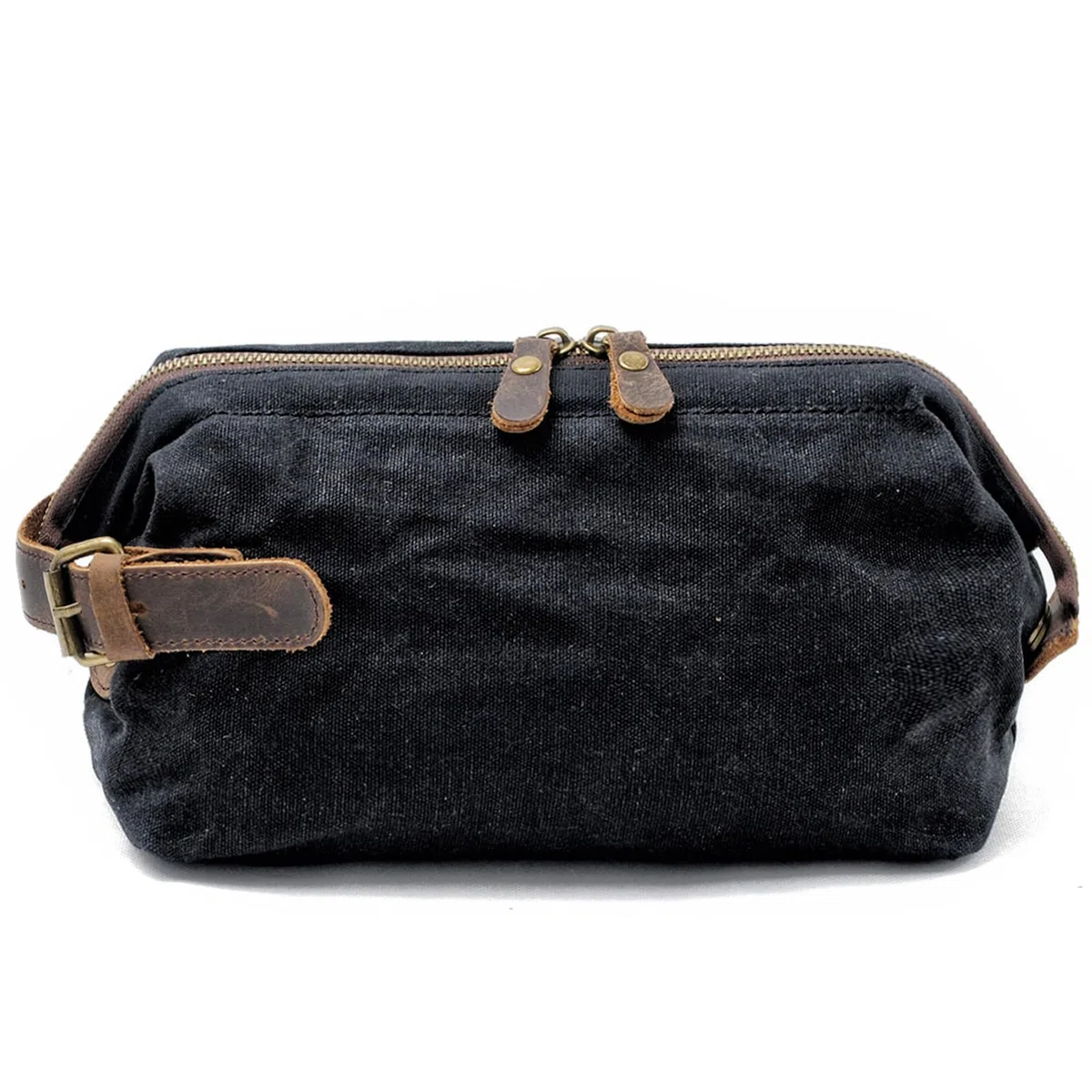 ZALIX Neceser de lona y cuero para hombre, bolso de mano de lona vintage, bolsa de aseo de gran capacidad, bolsa de muñeca de color sólido, Negro