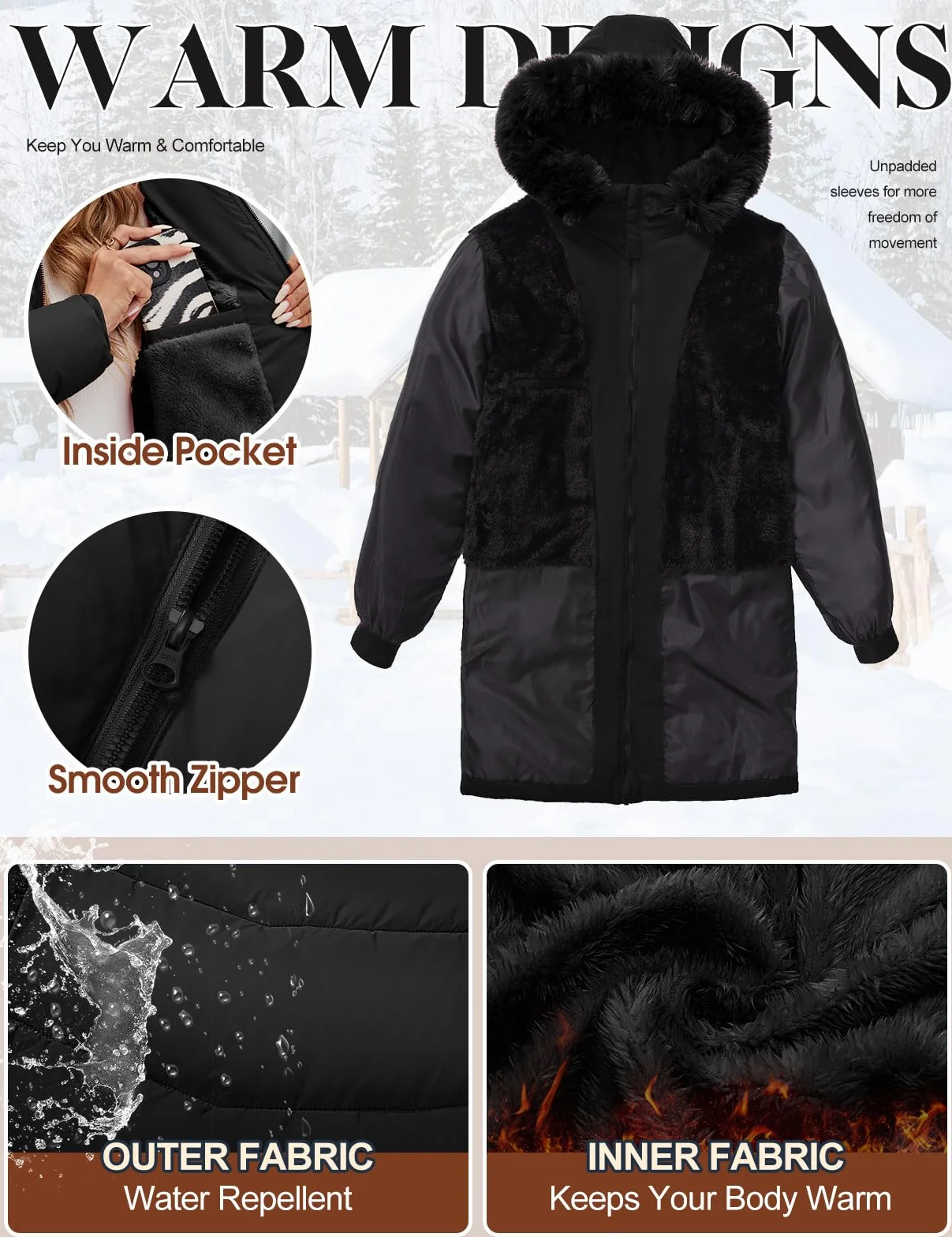 Vancavoo Parka Mujer Invierno Cálida Acolchada Larga Abrigo con Capucha