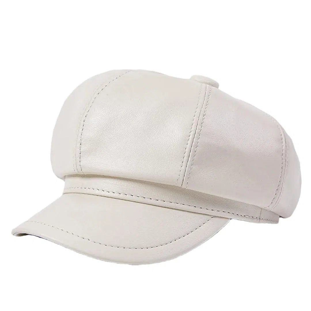 Gorra de piel auténtica para mujer, estilo vintage, de piel de oveja, estilo panadero, octogonal, para invierno
