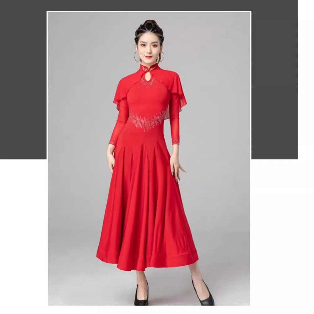 Vestido de Competencia Nacional Estándar de Mujeres Ropa de Baile de Vals Flamenco Traje de Baile Foxtrot Tango de Manga Larga Disfraz de Baile Brillante para Fiesta Salsa