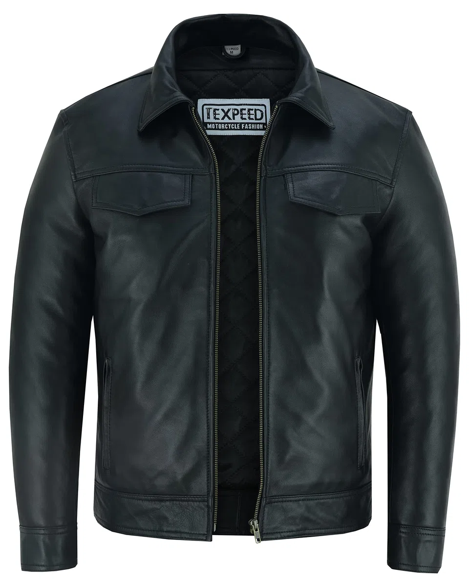 Texpeed Camiseta de moda motera par ahombre - Chaqueta de cuero de tacto suave - Estilo motero - Negro