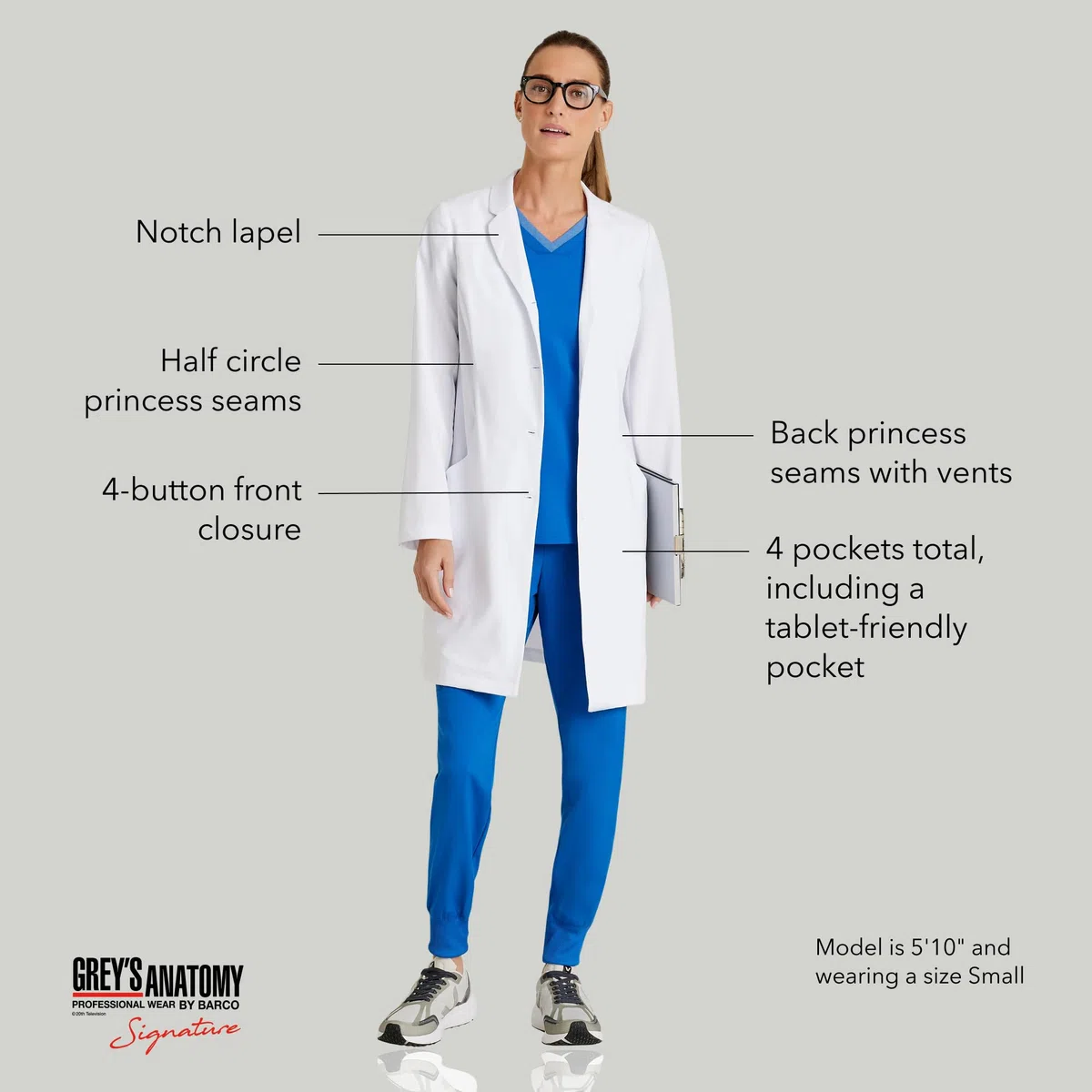BARCO Grey's Anatomy Scrubs Signature - Penelope - Abrigo de laboratorio profesional para mujer, longitud completa, 4 botones, manga larga, 35-37 pulgadas