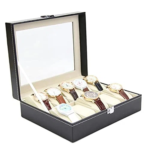 10 rejillas caja de reloj de cuero PU relojes vitrina joyería titular organizador de almacenamiento con cerradura