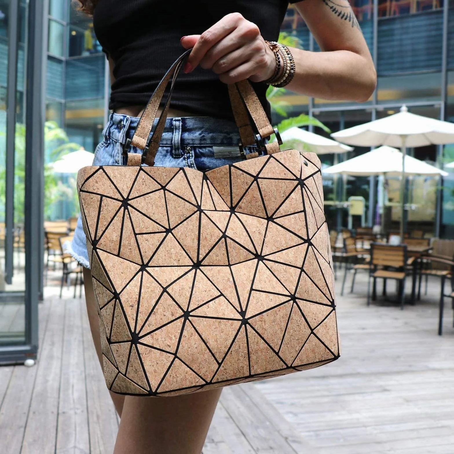 Bolso de mano geométrico, bolso de mano de corcho con asa superior, bolsa de hombro para compras, bolsa de playa para mujeres y niñas (bolso con correa larga)