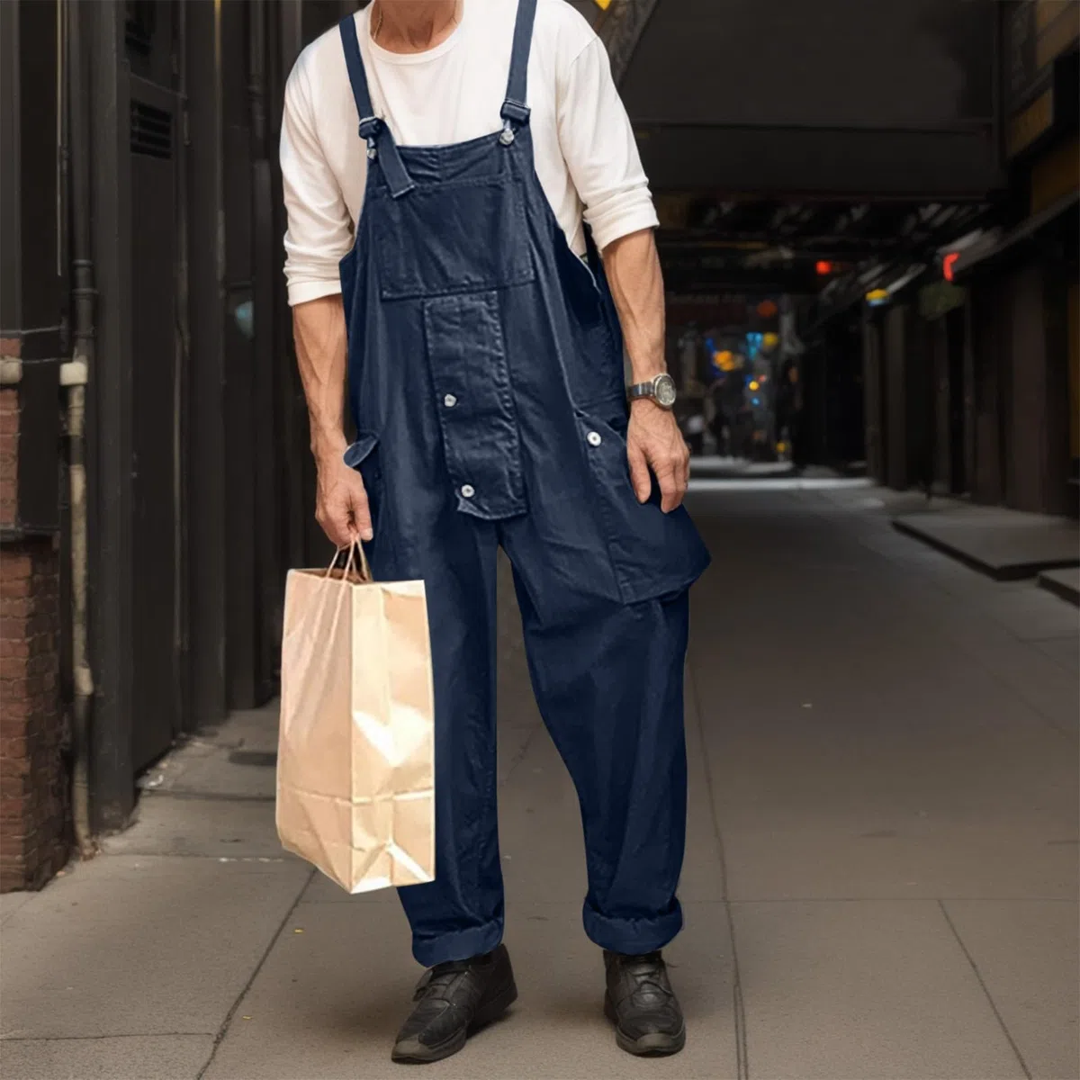 Peto de algodón para hombre, pantalones de trabajo largos de verano, tallas grandes, holgados, varios bolsillos, pantalones de trabajo, transpirables, cómodos, con tirantes ajustables