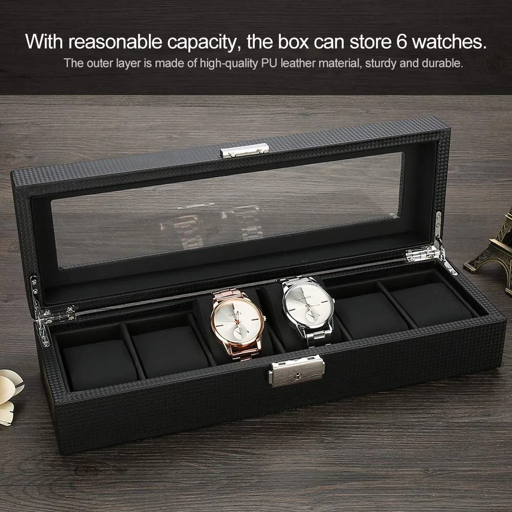 Caja de reloj, 6 rejillas PU Soporte de reloj de cuero de fibra de carbono Caja de exhibición de Estuche para Relojes con Tapa de Cristal Cuero Sintético y Forro Negro