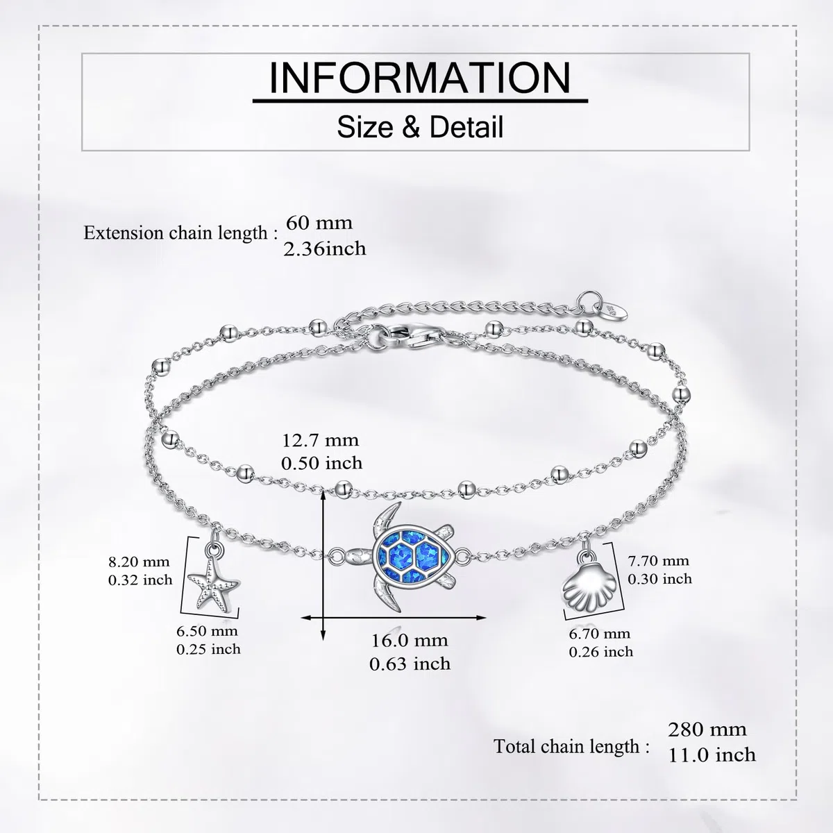 DAYLINLOVE Tobillera de tortuga de plata de ley 925 con estrella de mar, concha de mar, pulsera de tobillo ajustable para mujer, 9+2, Plata de ley, No es una piedra preciosa