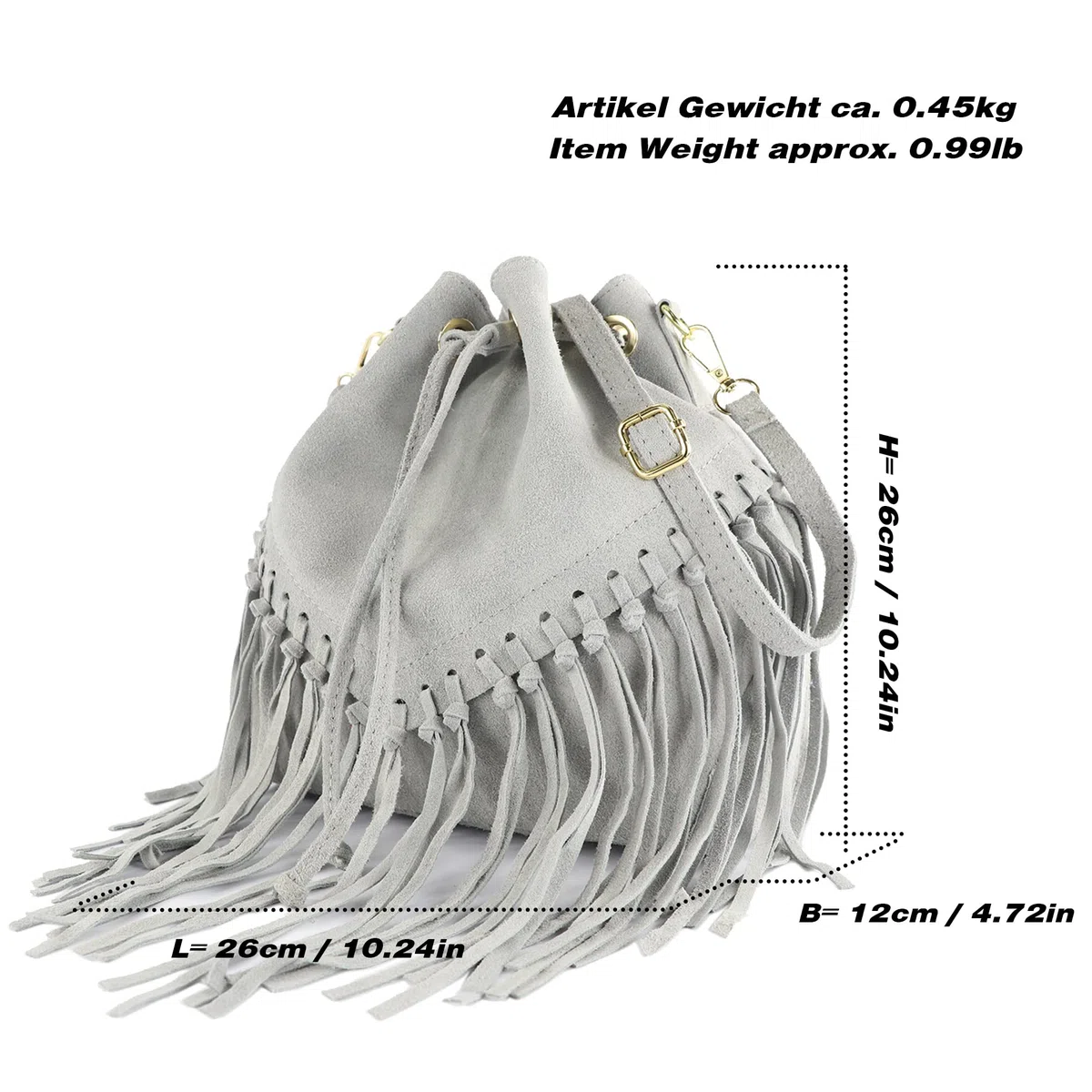 modamoda de T239 - Bolso bandolera para mujer de ante con flecos, fabricado en Italia