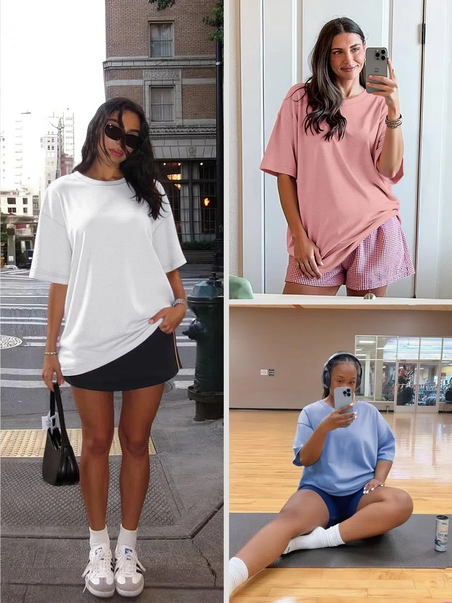 ATHMILE Camisetas de gran tamaño para mujer, ajuste holgado, cuello redondo, manga corta, blusa casual de verano Y2K 2025, camiseta básica de playa