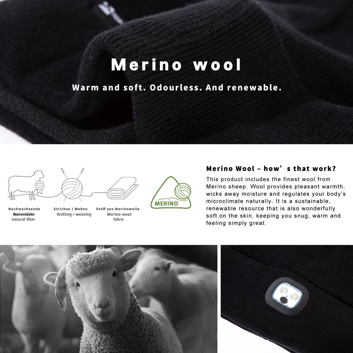 TOP-EX Gorros de lana merino de gran tamaño, XL, XXL, LED, unisex, con antorcha de luz, regalos para papá, impermeables, recargables, para correr, pasear al perro