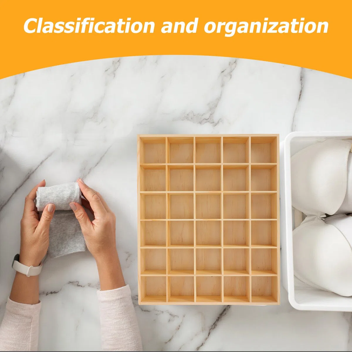 Organizador Calcetines Bandeja para Joyas y Pequeños Objetos con 30 Compartimentos de Madera Apilable, Adecuado para Tocador y Hogar