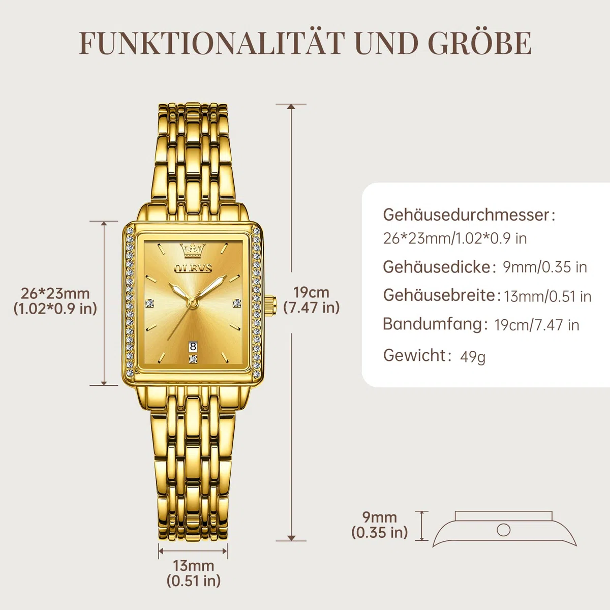 OLEVS Reloj Mujer, Rectangular Acero Inoxidable Analógico de Cuarzo Mujer de Reloj, Clásico Diamantes con Fecha Relojes, Pulsera Esfera Grande