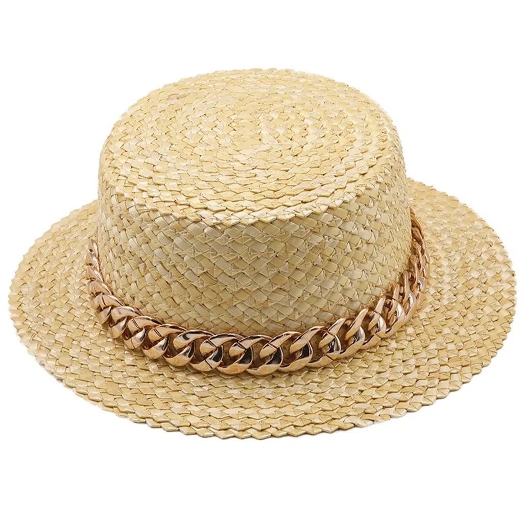 Sombrero de Playa de Paja para niña Hecho a Mano para Mujer Gorra de Vacaciones de Verano Sombreros de Visera de protección Solar Plana de Moda (Color : C, Size : 55-58CM) (A 6 3/4)