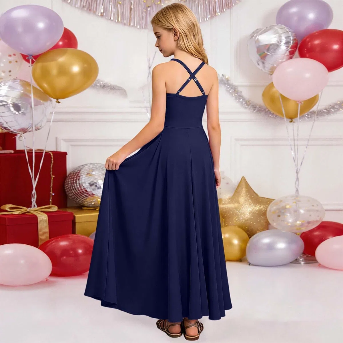 Vestido de Fiesta para niñas con Dobladillo Escalonado Volantes y diseño Cintura Arrugada sin Tirantes Punto piqué, cómodo Suave, Ideal cumpleaños, colección Casual/g